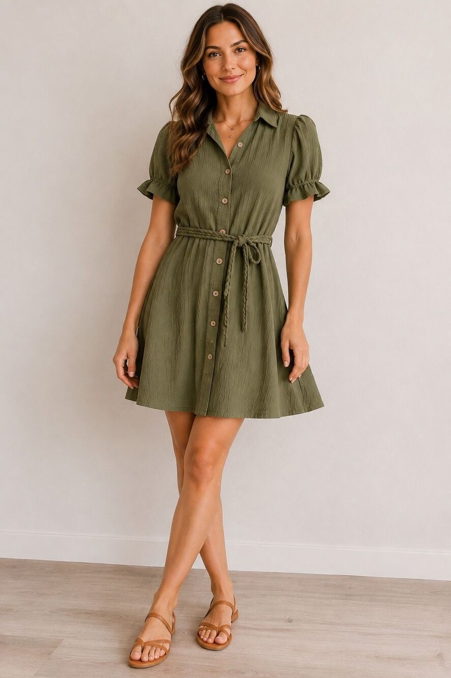 Blush Women’s Small Olive Green Crinkle Tie Waist Button Front Shirt Dress
